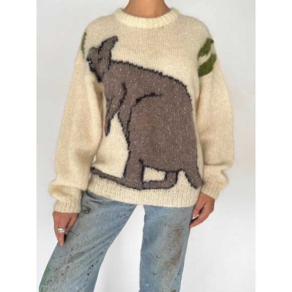 vintage kangaroo animal rare one of a kind mohair hand knit long sleeved sweater - Picture 2 of 9